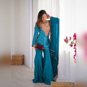 Salwar kameez en georgette de designer avec un haut et un pantalon plazzo ornés de broderies lourdes et un dupatta assorti pour les sorties décontractées, coupe moderne - Product Image 5