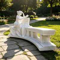 Banc de jardin en marbre blanc avec accoudoir en forme de cygne, décorations florales en relief, style européen, pour villa extérieure, banc en pierre, taille et design personnalisés