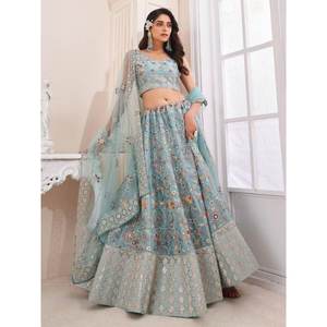 Precioso Lehenga Choli Dupatta de Seda Bordada en Turquesa, Vestido Pakistaní de Georgette Pesada para Festivales, Ropa India Suave - Product Image 6
