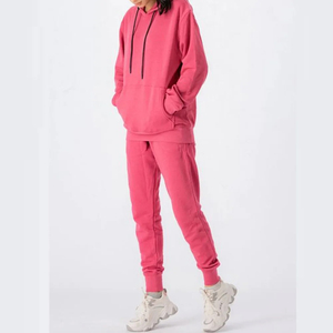 Ensemble de sweat à capuche de sport deux pièces pour femmes personnalisées, manches longues, épaule tombante avec bouton à pompon, motif vintage solide - Product Image 1