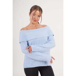 เสื้อสเวตเตอร์ถักสีฟ้าอ่อนแบบเปิดไหล่สไตล์ลำลองขายส่ง - Product Image 4