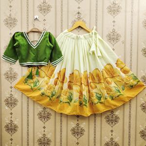 ชุดเลเฮนกาโชลีเด็กยาวคลุมพื้น ลายดอกไม้ พิมพ์ลาย ผ้าโพลีเอสเตอร์ สีเหลือง ยี่ห้อโชรยัม แฟชั่น |   ชุดพื้นเมืองสำหรับงานปาร์ตี้ของสาวๆ |   ส่งออก - Product Image 1