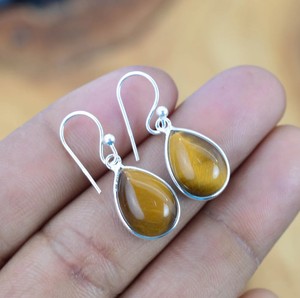 925 Sterling Silver Bohemian Earring Natural Tiger's Eye Gemstone Peaceful Pattern Bezel Setting for Wedding Anniversary <b>Gift</b> - Product Image 1