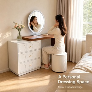 Ensemble de <span class=keywords><strong>coiffeuse</strong></span> moderne <span class=keywords><strong>blanc</strong></span> pour chambre à coucher avec miroir ovale éclairé, table de maquillage, commode à 1 tiroir, surface en bois, <span class=keywords><strong>meuble</strong></span> de maquillage - Product Image 6