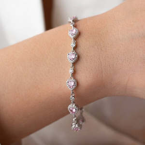 NOVAMART Fine Chic <b>Silver</b> Pink Heart <b>Charm</b> <b>Bracelet</b> Wholesale Export - Product Image 3