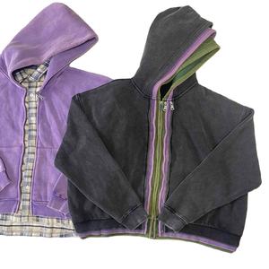 Vente en gros de sweats à capuche et vestes à capuche personnalisables avec logo, épais, délavés à l'acide, de haute qualité, à carreaux, style streetwear, coupe ample et courte - Product Image 5