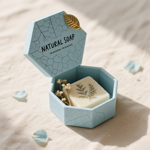 Boîte à savon hexagonale en papier kraft recyclable écologique avec logo personnalisé pour emballage cadeau de soins de la peau naturels biologiques faits à la main - Product Image 1