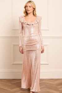 Maxi vestido de sirena con adorno de lentejuelas, escote con volantes en la parte delantera de estilo Simple, bordado de cintura Natural, amigable con la maternidad para graduación - Product Image 2