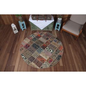 Tapis vintage 4,8x4,8 pieds, tapis turc patchwork, tapis en laine géométrique arc-en-ciel - Product Image 1