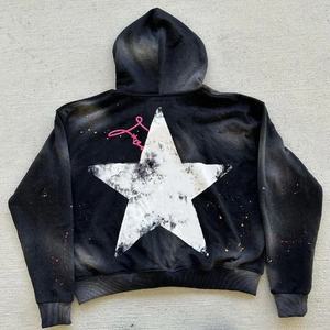 Ensemble de survêtement en molleton de coton épais 500 GSM, broderie tricotée, patch déchiré, grande capuche zippée, ensemble de survêtement assorti, streetwear, 100% coton, automne - Product Image 2