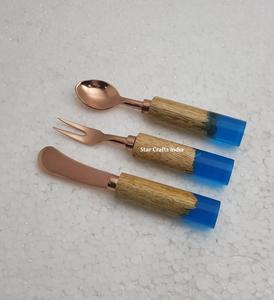 Vente en gros de couverts de table écologiques, 3 pièces réutilisables, couverts en or, couverts en acier inoxydable, argenterie avec poignée en résine agate - Product Image 3