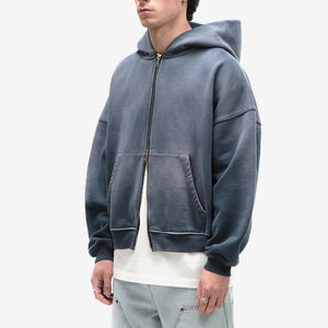 Sweat à capuche personnalisé 100% coton à fermeture éclair Double fermeture éclair Vintage lavé 400gsm ourlet court lavage à l'acide à capuche pour hommes - Product Image 6