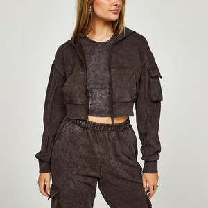 Retro Look Acid Haf Zipper Washed de alta calidad de dos piezas Jogger Set al por mayor de logotipo personalizado Traje de las mujeres - Product Image 5