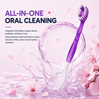 Mini brosse à dents jetable 5 en 1 |   Saveur de fleurs de cerisier Sakura |   Distributeur de dentifrice intégré, brossette à dents, gratte-langue |   Format voyage