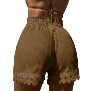 Shorts de plage décontractés pour femmes, taille haute, cordon de serrage, bordure en dentelle, légers, pour les vacances d'été, coupe régulière, 100% coton - Product Image 2