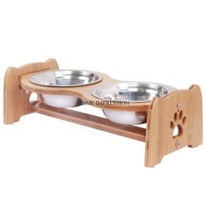 Nouveau cadre en bois brun de qualité supérieure en acier inoxydable poli Inserts Double bol pour animaux de compagnie ensemble surélevé chien chat mangeoire support de luxe - Product Image 2