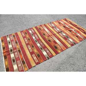 Vintage Large Rug 4.4x9.5 ft, Turkish Kilim <b>Red</b> Ikat <b>Wool</b> Rug - Product Image 2
