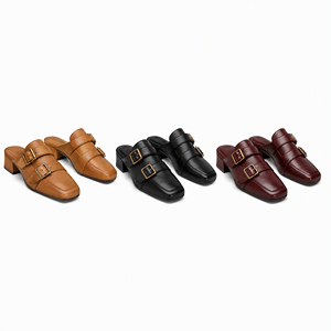 Mules de Cuero Genuino para Mujer, Punta Cerrada, Doble Hebilla, Tacón Bajo, Estilo Casual para Oficina - Product Image 5