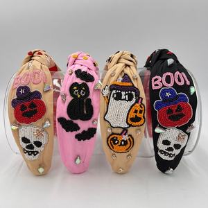 Serre-têtes noués d'Halloween, style boutique, fantaisie, avec motifs fantôme, crâne et citrouille, rembourrés, ornés de strass, accessoires capillaires effrayants pour femmes et filles - Product Image 3