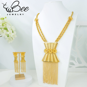 Parure de bijoux de mariage éthiopienne nigériane en or 24 carats, collier long en alliage de titane, boucles d'oreilles imposantes - Product Image 1
