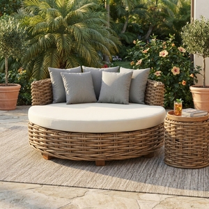 Sofá Circular de Ratán para Exteriores con Estructura de Madera de Caoba, Ratán Natural y Cojín Crema Daphnie, Diseño Artístico - Product Image 4