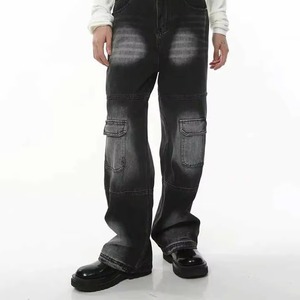 Pantalones Cargo Vaqueros Anchos de Mezclilla con Recubrimiento Estilo Punk de Alta Calidad para Hombre, Lavado Vintage Americano, Color Negro Desteñido - Product Image 3