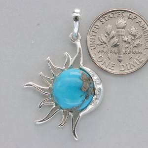 Pendentif rond bleu turquoise soleil et lune en argent sterling fait à la main bijoux en pierres précieuses mexicaines cadeau - Product Image 2