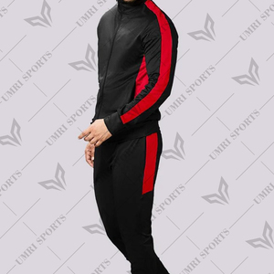 Chándal de peso pesado con capucha negro y rojo, conjunto de chándal ajustado Unisex, atuendo atlético de dos piezas, chaqueta deportiva con cierre de cordón, Rojo - Product Image 1