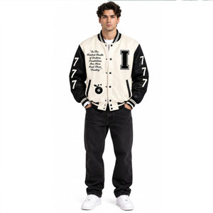 Men's Cream <b>Black</b> Varsity <b>Jacket</b> With Letter I And 777 Print Preppy Style Turn-down Collar Single Breasted Autumn Wear - Product Image 4