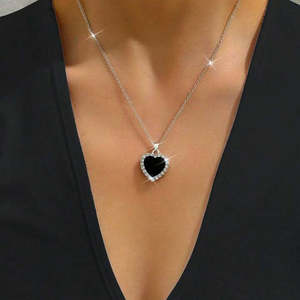 NOVAMART Fine Hallmarked Silver Pendant with <b>Black</b> Heart Diamond Zircon Bezel Setting Platinum Rose Gold <b>Chain</b> Vintage Trendy Ge - Product Image 1