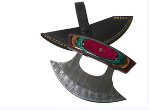 Cuchillo Ulu Artesanal de Madera Exótica con Hoja de Damasco Multivibrante y Funda de Cuero - Product Image 5