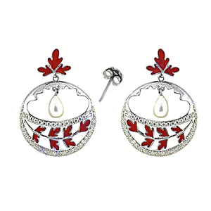 Boucles d'oreilles pendantes en émail rouge argenté pour femmes, bijoux de mode - Product Image 3