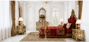 Juego de Dormitorio de Madera Maciza Tallada en Dorado y Terciopelo Rojo de Alta Gama, Diseño Maharaja, para Interiores de Lujo - Product Image 3