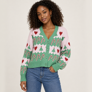 Cardigan natalizio da <span class=keywords><strong>donna</strong></span> in maglia jacquard con scollo a V, motivo a bastoncino di zucchero, albero e cuore, a maniche lunghe, corto, per le feste - Product Image 1