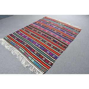 Tapis vintage 5,1 x 6,9 pieds, tapis turc abstrait rouge et bleu en laine - Product Image 4