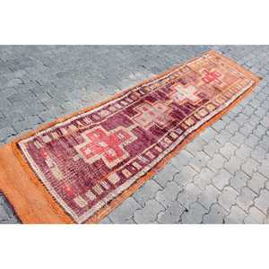 2.7x10.2 ft Rug, Vintage Herki Rug, Turkish <b>Red</b> <b>Wool</b> Bordered Rug - Product Image 3