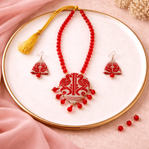 Handmade Traditional Assamese Gamusa <b>Red</b> Muga <b>Silk</b> Necklace Set with Earrings Ethnically Styled Wedding Jewelry - Product Image 1