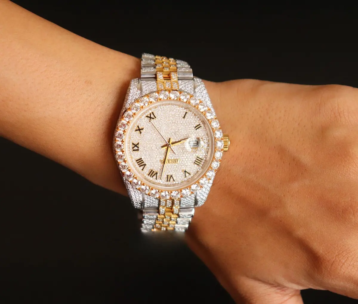 Iced Out Luxe Vvs Moissanite Diamant Wit En Geel Dual Tone Bustdown Hiphop Horloge Voor Mannen Cadeau Voor Hem
