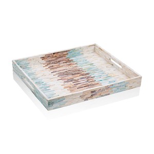 Plateau en nacre rectangulaire, tons pastel, incrusté à la main, plateaux de service décoratifs pour la décoration moderne de la maison, décoration de salon - Product Image 1