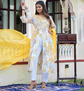 Pantalón informal hasta el tobillo para mujer Dupatta con estampado floral bordado Kurta recto para uso diario - Product Image 4