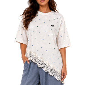 Camiseta de mujer de manga corta oversize con dobladillo de encaje y perlas, cuello redondo, ajuste holgado, mezcla de algodón, para verano - Product Image 1
