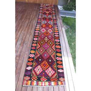 2.6x13.9 ft Vintage <b>Runner</b> Rug, <b>Red</b> Orange Turkish Ikat Wool Rug - Product Image 1