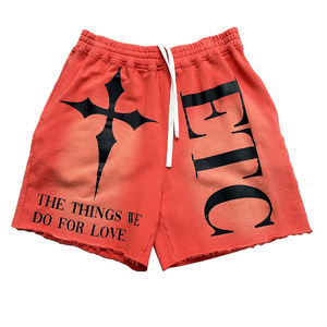 Short de jogging en coton de haute qualité pour hommes Vintage en détresse lavé à l'acide teint au soleil short de sueur délavé High Street pour l'été - Product Image 1