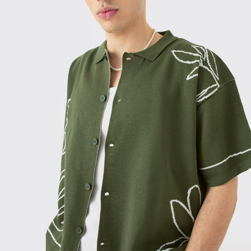 Biểu Tượng Tùy Chỉnh OEM & ODM Polo Ngắn Tay Áo Nút Xuống Jacquard Bông Áo Len Cardigan Dệt Kim Dệt Kim Người Đàn Ông Đan Áo Len