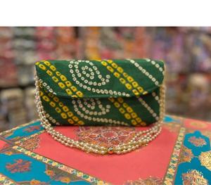 New Arrival Bandhej Print Red and <b>Green</b> <b>Clutch</b> Purse With Pearl Handle <b>for</b> <b>Wedding</b> Favour Return Gift - Product Image 2