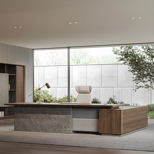 Warm Brown <b>L</b>-<b>Shaped</b> Executive <b>Desk</b> Solid & Engineered Wood Curved Worktop with Power Box 1-Year Warranty - Product Image 2