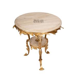 Mesa Auxiliar Redonda de Dos Niveles de Lujo con Tapa de Mármol Beige Natural y Marco de Hojas de Latón Dorado Ornamentado para Decoración de Interiores de Palacio - Product Image 6