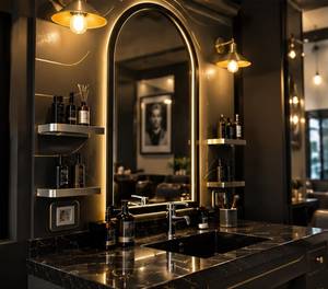 Ensemble de fauteuil de barbier avec miroir, table, siège en cuir, pompe hydraulique, hauteur réglable, design industriel, salon commercial, salon de coiffure - Product Image 4