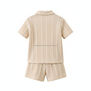 Summer Kids Ribbed Clothing Set Short Sleeve Button <b>Up</b> Shirt and Shorts 2Pcs Toddler <b>Boy</b> Girl Casual Waffle Knit Outfits - Product Image 2