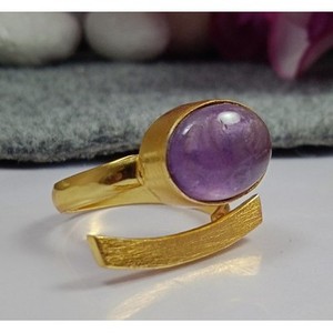 <b>Adjustable</b> Brass <b>Ring</b> 18K Gold Plated Labradorite Gemstone Casual Style Bezel Setting Free <b>Size</b> Gift - Product Image 3